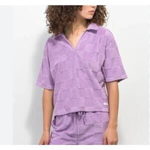 NWT Vans Womens V-Neck Terry Cloth Polo Shirt Size Medium Purple Checkered $50